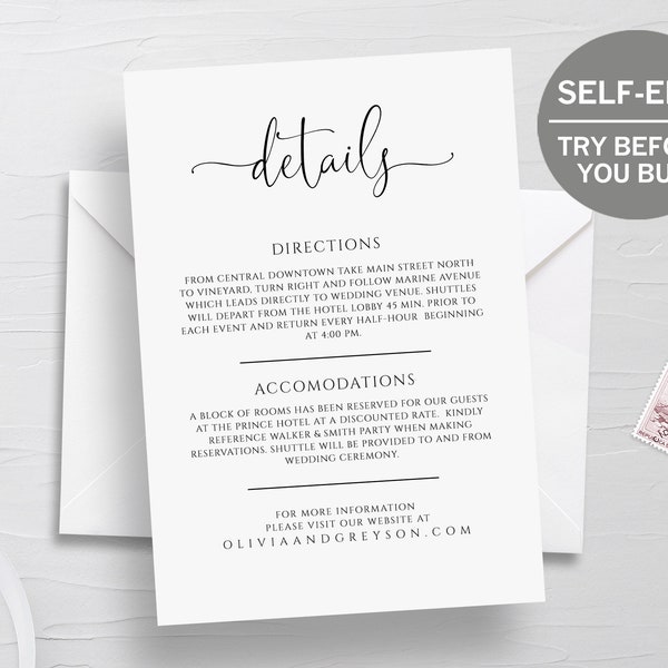 Details Card Wedding Template, Instant Download Wedding Printable, Modern Calligraphy, Minimalist, Script, Invite, Editable, Templett, DIY