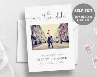 Save The Date Template, TRY FREE DEMO, Photo Save The Date Postcard, Wedding Invitation Announcement, Digital Download, Editable, Templett