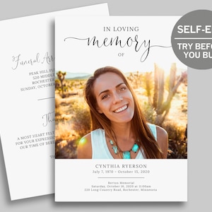 Funeral Program Template, TRY BEFORE You BUY, Celebration of Life, Obituary Card, Funeral Prayer Card, Printable Memorial Program, Editable
