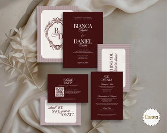 Vintage Wedding Invitation Suite with RSVP. Wedding Monogram, Burgundy Wedding Invite Bundle Template, Canva Editable Template, Elegant Red