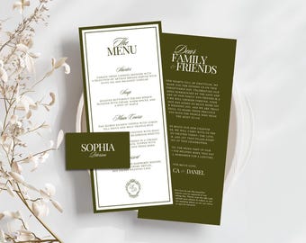 Old Money Wedding Menu Card, Olive Green Menu Place Card Set, Minimalistic Menu Template, Placecards Template, Thank You Card Canva Editable