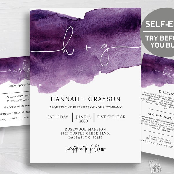 Purple Wedding Invitation Template, Watercolor Wedding Invitation Set, Details Card, Rsvp Card, Rustic Wedding Invite, Digital Download