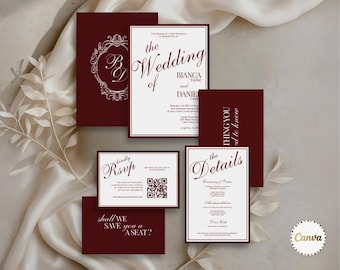 Old Money Burgundy Wedding Invitation Suite with RSVP, Details & Monogram, Elegant Wedding Invite Bundle, Canva Editable Template, Luxury