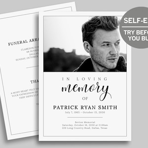 Editable Funeral Program Template, TRY FREE DEMO, Celebration of Life, Order Of Service, Funeral Prayer Card, Printable Memorial Program