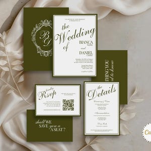 May include: A wedding invitation suite featuring olive green and white cards with elegant serif and script typography. The set includes a main invitation, RSVP card with a QR code, details card, and small enclosure cards with text including The Wedding of Bianca and Daniel.
