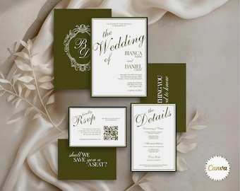 Old Money Wedding Invitation Suite with RSVP, Details & Monogram, Luxury Olive Green Wedding Invite Bundle, Canva Editable Template, Elegant