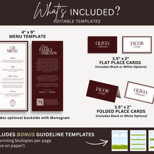 Puede incluir: Un conjunto de plantillas editables de papeler&iacute;a de boda que incluye men&uacute;s de 10,16 cm x 22,86 cm con reverso de monograma opcional, y tarjetas de lugar planas y plegadas de 8,89 cm x 5,08 cm en color burdeos y blanco con tipograf&iacute;a serif.