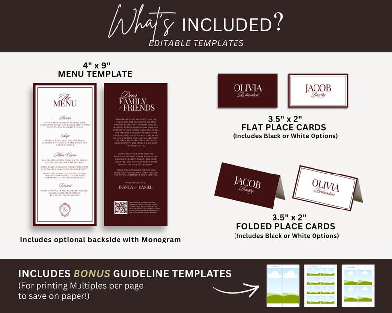 Puede incluir: Un conjunto de plantillas editables de papeler&iacute;a de boda que incluye men&uacute;s de 10,16 cm x 22,86 cm con reverso de monograma opcional, y tarjetas de lugar planas y plegadas de 8,89 cm x 5,08 cm en color burdeos y blanco con tipograf&iacute;a serif.