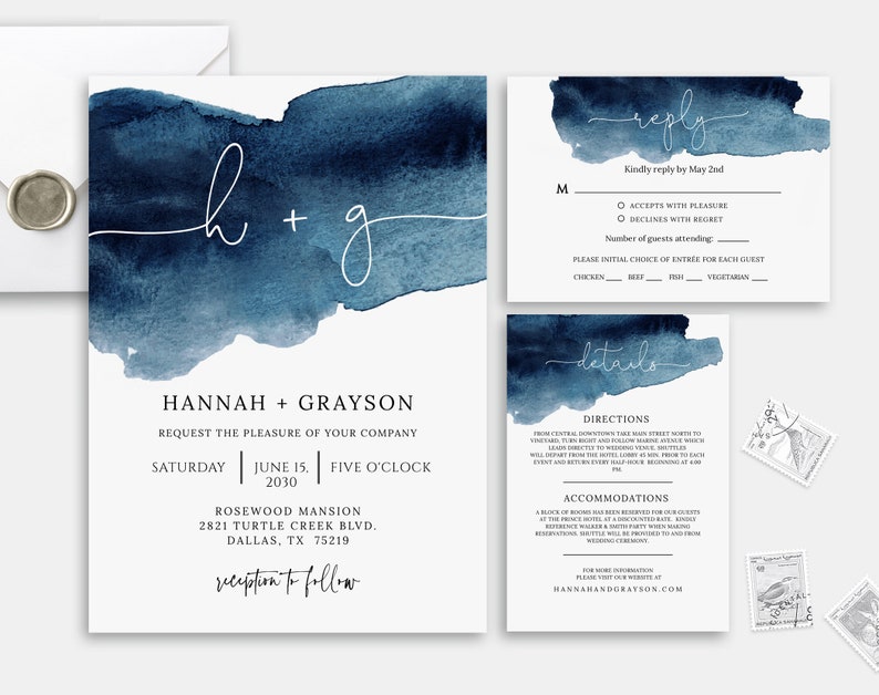 Navy Blue Wedding Invitation Template, TRY BEFORE You BUY, Watercolor Wedding Invitation Set, Wedding Suite, Minimalist, Rsvp Card, image 1