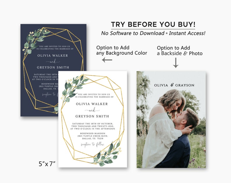 Geometric Wedding Invitation, TRY BEFORE You BUY, Botanical Wedding Invitation Suite, Instant Download, Geometric Wedding Decor, Greenery image 5