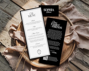 Old Money Wedding Menu Card, Black White Menu Place Card Set, Elegant Menu Template, Placecards Template, Thank You Card, Canva Editable