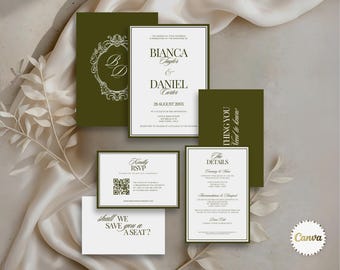 Luxury Old Money Wedding Invitation Suite with RSVP & Details, Green Ivory Wedding Invite Bundle, Canva Editable Template, Elegant Timeless