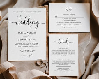 Wedding Invitation Set, TRY BEFORE You BUY, Simple Wedding Invitation Suite, Rsvp Card Template, Details Card, Printable, Templett, Diy