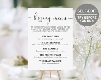 Kissing Menu, Wedding Menu Template, Printable Menu Cards, Wedding Signage, Personalized Wedding Sign, Rustic Wedding, Minimalist