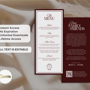 Puede incluir: Un conjunto de men&uacute; de boda y tarjeta de agradecimiento con un men&uacute; blanco con bordes rojo oscuro y una tarjeta de agradecimiento rojo oscuro con texto blanco. El men&uacute; enumera platos como entrante, sopa, plato principal y postre.