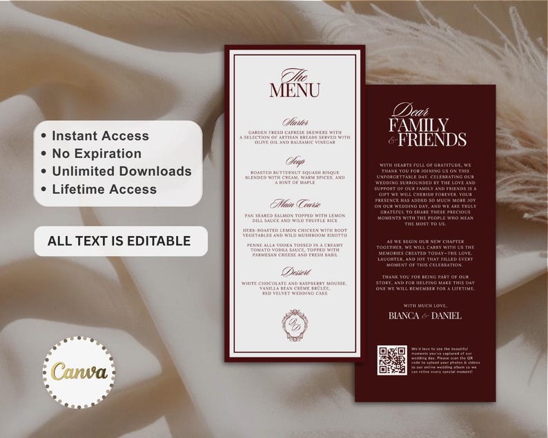 Puede incluir: Un conjunto de men&uacute; de boda y tarjeta de agradecimiento con un men&uacute; blanco con bordes rojo oscuro y una tarjeta de agradecimiento rojo oscuro con texto blanco. El men&uacute; enumera platos como entrante, sopa, plato principal y postre.