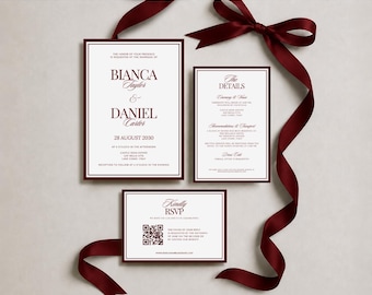 Luxury Burgundy Wedding Invitation Suite Template with RSVP and Details, Minimalistic Wedding Invite Bundle, QR Code Invite, Canva Editable