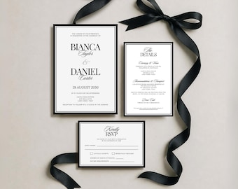 Classic Wedding Invitation Suite Template with RSVP Details, Black White Wedding Invite Bundle, QR Code Invite, Canva Editable, Digital DIY