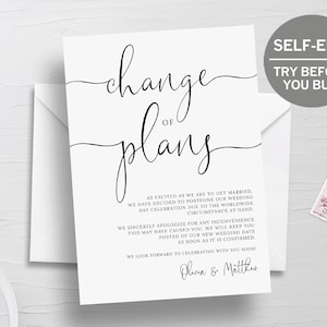 Change Of Plans Wedding Invitation Template, TRY BEFORE You BUY, Change The Date Card, Wedding Postponed, UnSave The Date Postcard