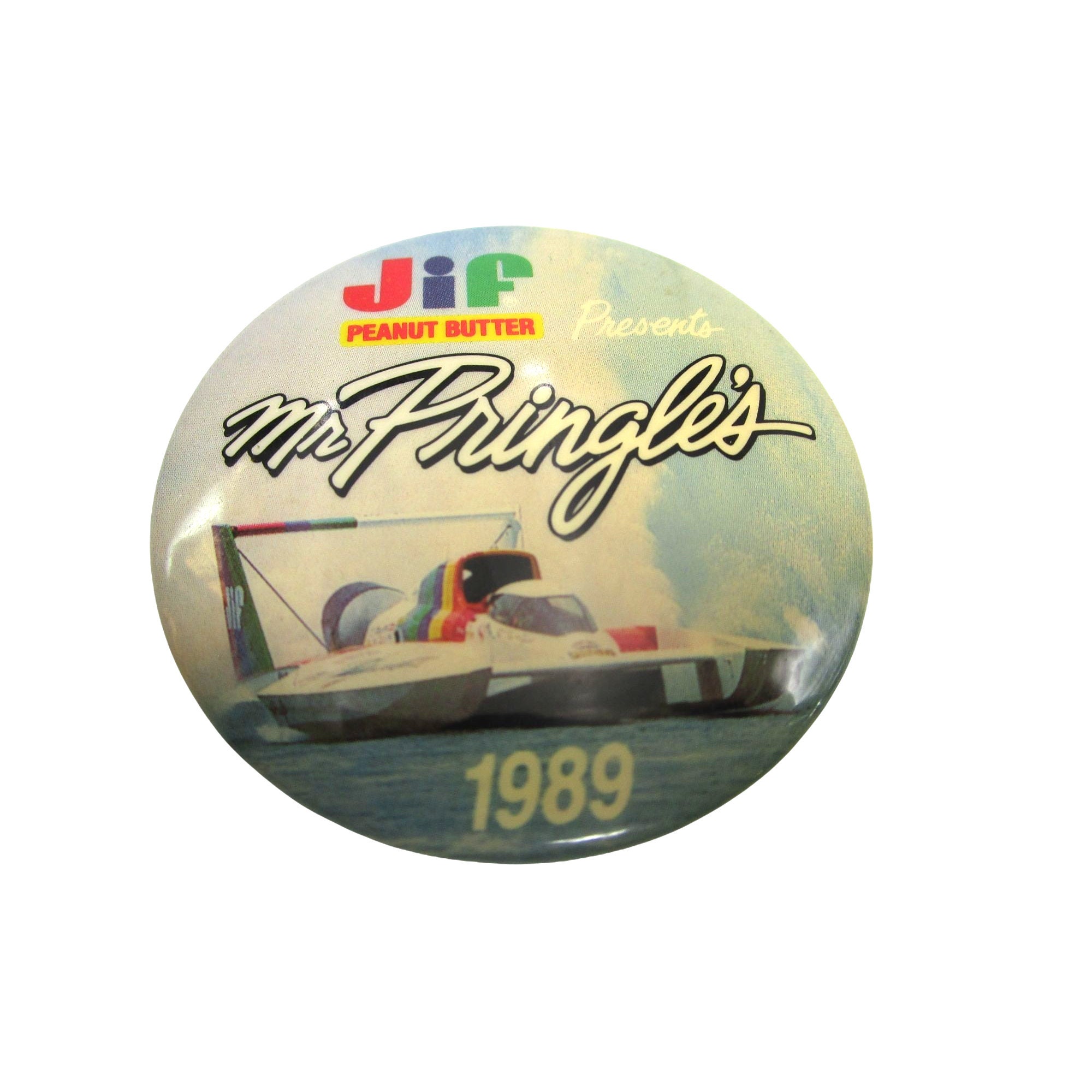 Vintage Jif Peanut Butter Mr Pringles Speed Boat Race 1989 Pin Pinback Button