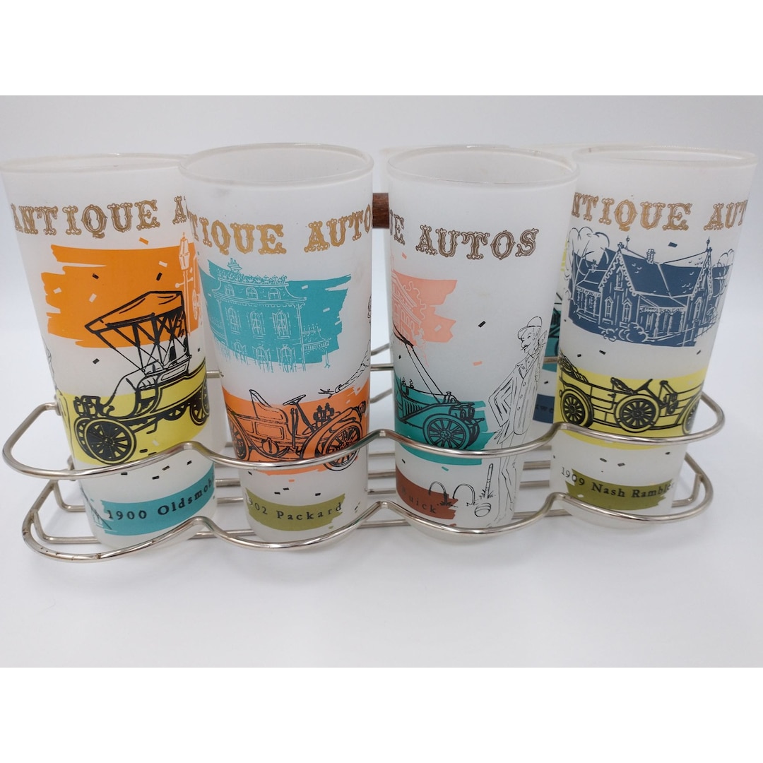 Vintage Mid Century Antique Autos Set of 8 Cocktail Glasses Tumblers