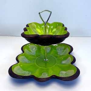 Vintage Vivid Lime Green Mid Century Treasure Craft Sequoia Ware 2 Level TidBit Serving Dish Tray 7202 California Pottery USA