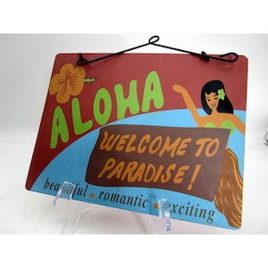 Vintage Aloha Welcome to Paradise Sign Tiki Barware Decor