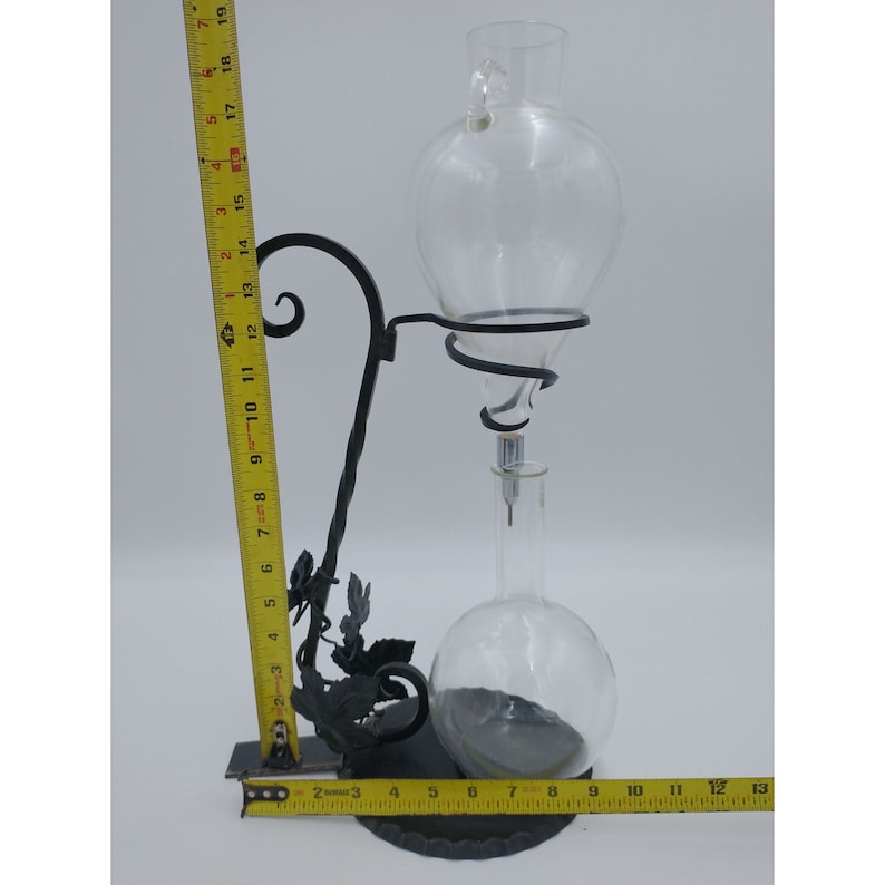 Vintage Italy Crystal Wine Aerator Decanter Dispenser Etched Glass Wrought Iron Grape Vine Ert