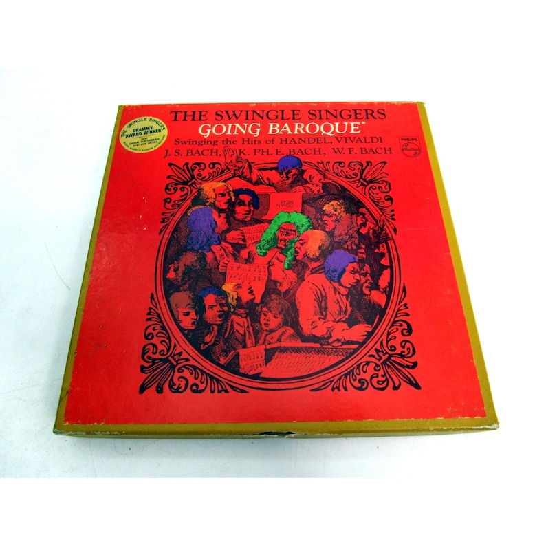 K&ouml;nnte beinhalten: Ein rotes Vinyl-Schallplattencover mit goldfarbenem Rand. Das Cover zeigt eine farbenfrohe Illustration einer Gruppe von Menschen, die im Kreis singen. Der Albumtitel lautet "The Swingle Singers Going Baroque" und der Text "Swinging the Hits of Handel, Vivaldi, J.S. Bach, K. Ph. E. Bach, W.F. Bach" ist unter dem Titel gedruckt.
