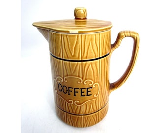 Antyczny ceramiczny dzbanek do kawy, ręcznie malowany, wykończenie z drewna, Japonia, lata 50. XX wieku