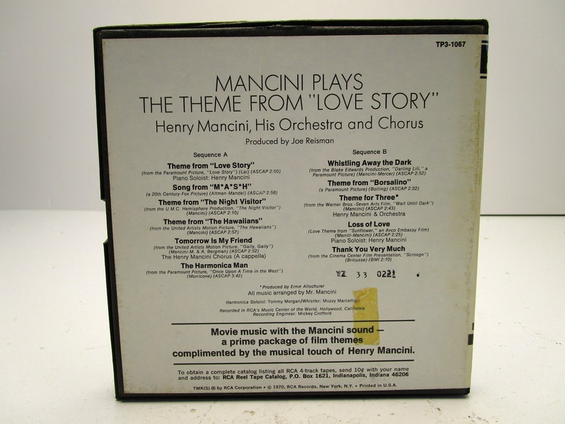 Mancini Plays The Theme To Love Story RCA TP3 1067 1970 4 track 3.75 IPS Reel to Reel image 2