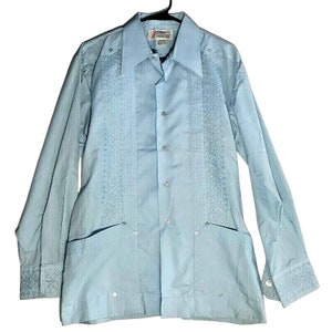 Vintage 1950s Romani Single Stitch Mens Long Sleeve Guayabera 2 Pocket Dress Shirt