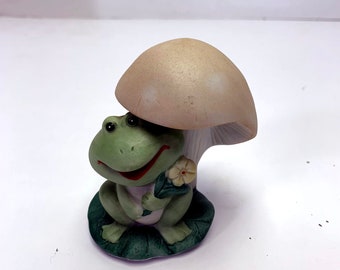 Vintage Anthropomorphic Frog With Flower Under a Mushroom Figurine