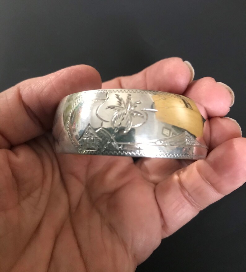 Vintage Silver Engraved Resort Island Cuff Bracelet Plated?
