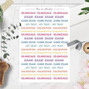 May include: A set of 12 colorful stickers with the text "the ac studio" at the top. The stickers have different phrases on them, including "Clinicals", "Exam", "Care Plan", "ATI Test", "Validation", and "Assignment Due".