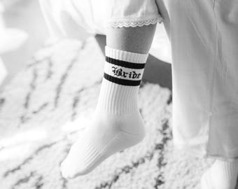 Bride and Til Death Stripped Classic Crew Socks by Blissful Socks
