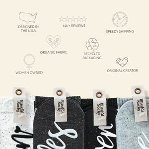 May include: Four pairs of socks with different colors and patterns. The socks are labeled "Blissful Socks" and have the word "new" written on them.