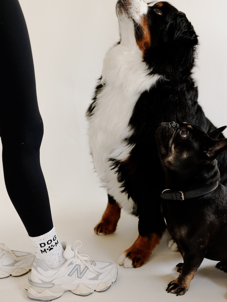 Pu&ograve; includere: Una donna con leggings neri e scarpe da ginnastica bianche con la scritta "DOG MOM" sulle calze, in piedi con due cani. Uno dei cani &egrave; un Bovaro Bernese bianco e nero che guarda in alto, e l'altro &egrave; un Bulldog Francese nero che guarda la fotocamera.