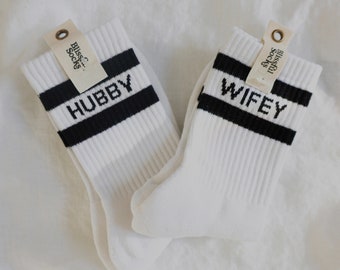 Wifey & Hubby Socks, Couple Wedding Gift, Engagement Gift, Bridesmaid Socks, Unique Gift for Couple, Newlywed Gift, by Blissful Socks