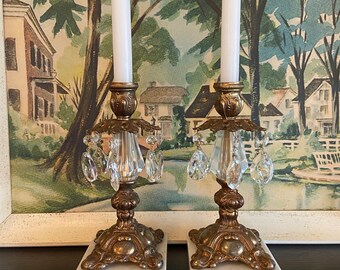 Pair candle holders vintage Hollywood regency gold crystal ornate 1970’s brass tone marble