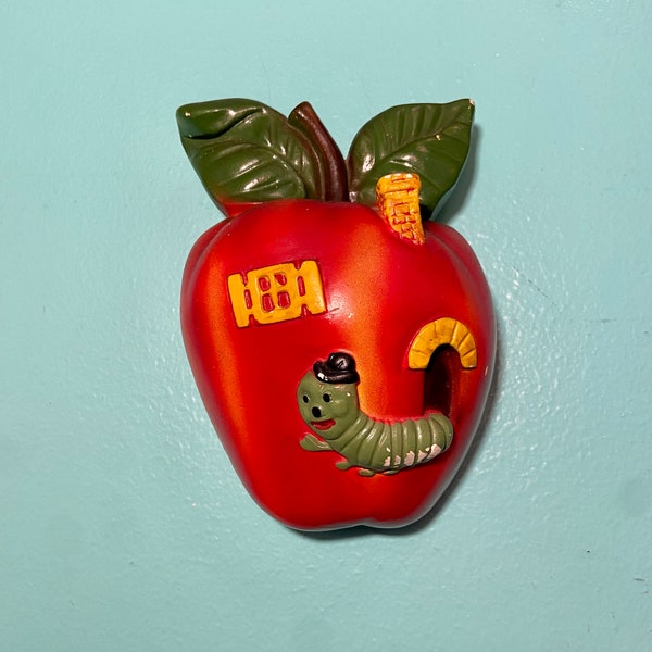 Chalkware string holder apple worm school fruit vintage kitschy wall hanging art