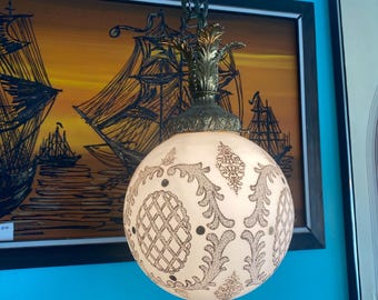 Vintage swag lamp white gold glass Hollywood regency hanging light