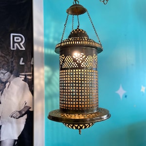 Vintage swag lamp pierced brass moroccan church lantern bohemian large hanging light