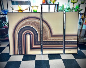 Vintage painting LETTERMAN Mod Retro 1970s Large 3pc Set Triptych Original Op Art Wall Hanging LARGE