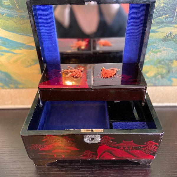 Vintage jewelry box Japan wooden musical oriental lacquer handmade 1950’s red black