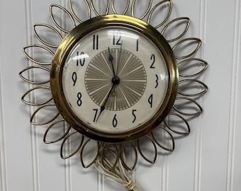 Vintage wall clock Westclox Sunburst Mid-Century Modern Brass Daisy