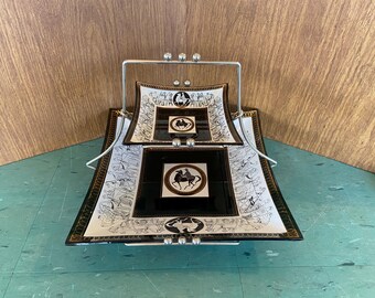 Vintage 2 tiered serving tray Greek Roman horse motif square black white gold brass glass