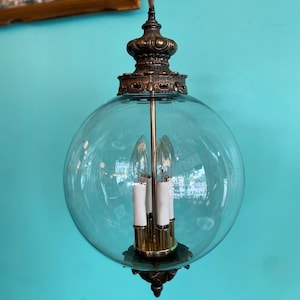 Vintage hanging light fixture clear glass globe candles Hollywood regency mid century large