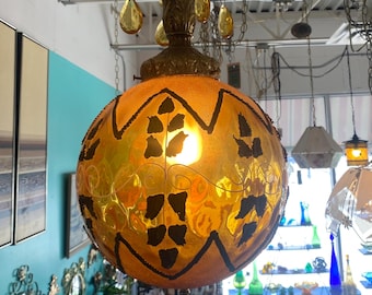 Vintage swag lamp amber glass moriage crystals Hollywood regency teardrop