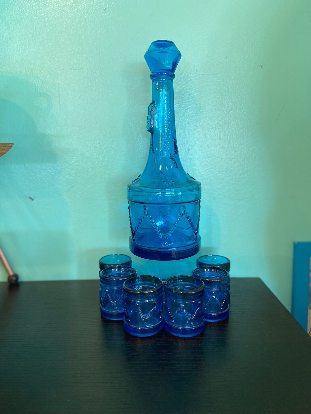 Vintage Decanter Set Wheaton Blue Glass Shot Glasses 1970s Etsy